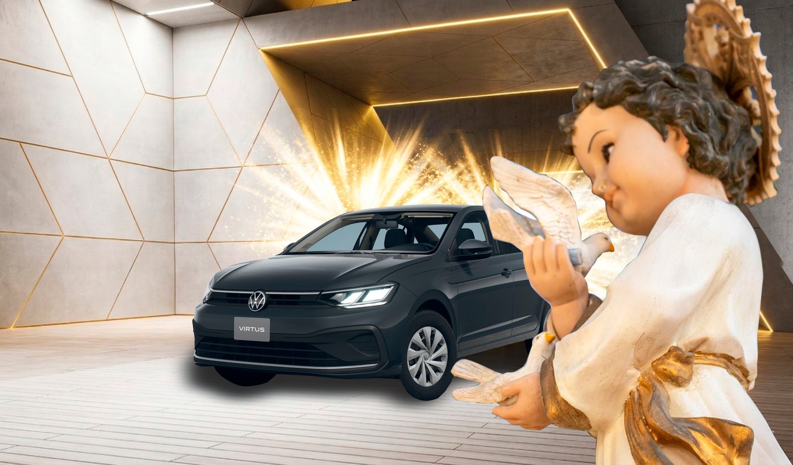 VW Virtus 2026 frente a una estructura moderna e iluminada, con la figura del Niño de las Palomitas en primer plano